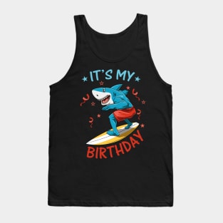 Funny Shark Birthday Summer Surfer Bday Surfboard Tank Top